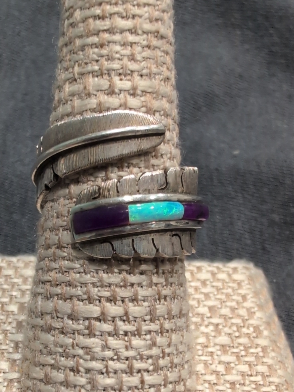 Sterling Feather Inlay Ring with Purple Spiny and Turquoise Opal Inlay